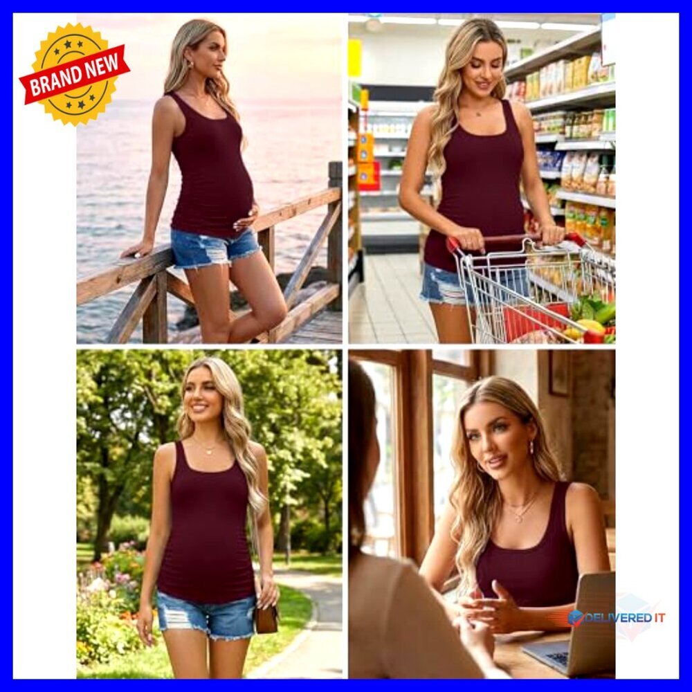Ribbed Maternity Tank Tops Square Neck Ruch Side Casual Pregnancy Postpartum - Picture 5 of 7